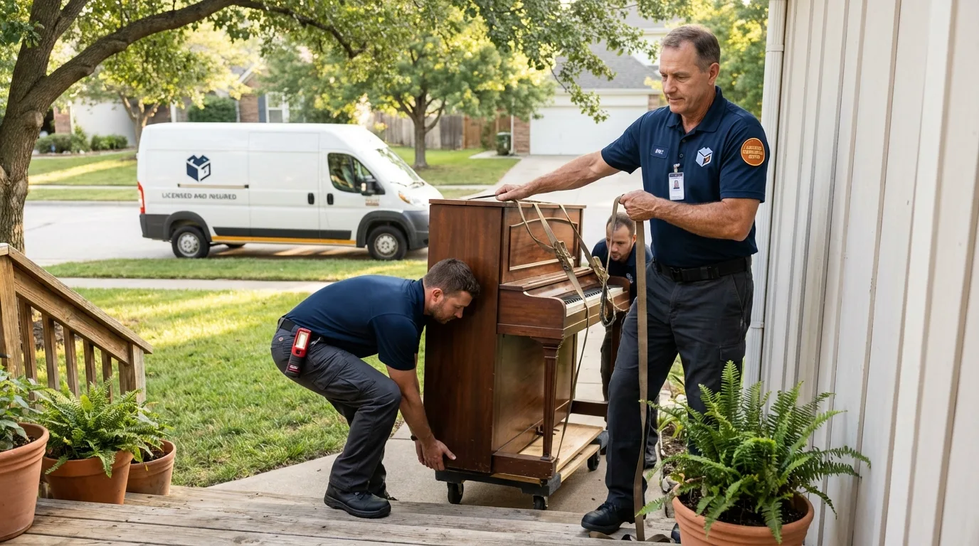 Licensed piano movers securing grand piano in Richmond, MN